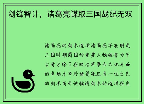 剑锋智计，诸葛亮谋取三国战纪无双